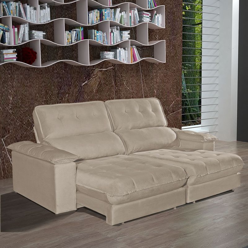 Sofa-Retratil-e-Reclinavel-Bom-Pastor-Girona-5-Lugares-290m-Molas-Ensacadas-Bege-Veludo-Luxo-1