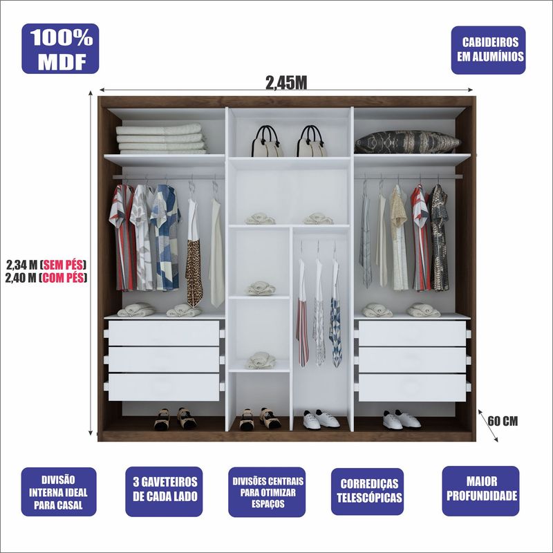 Guarda-Roupa-Casal-ECO-10-Crystal-Com-Espelho-100--MDF-3-Portas-6-Gavetas-Bom-Pastor-Amendoa-4