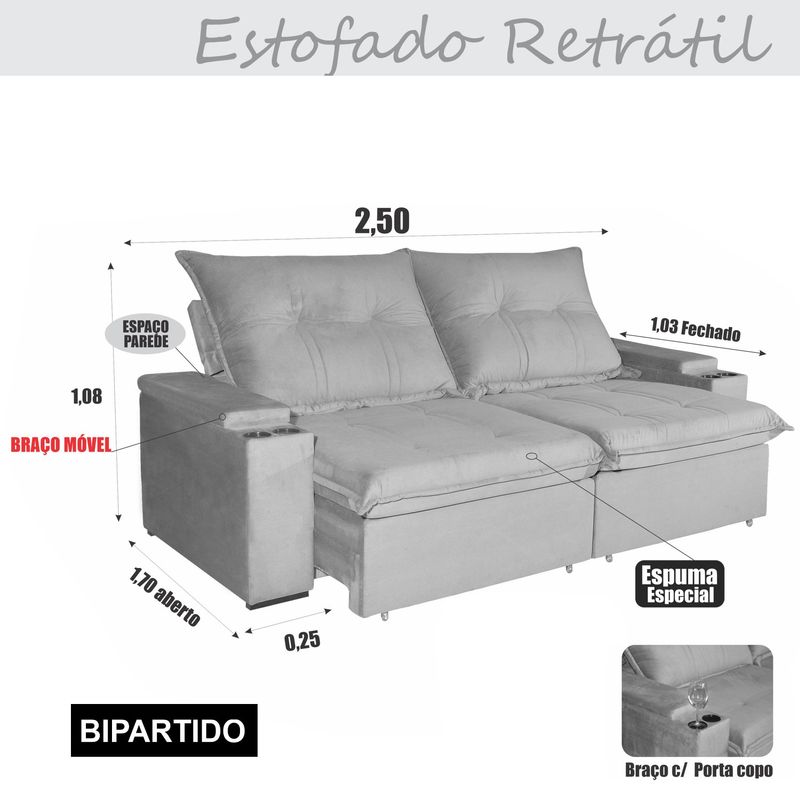 Sofá 4 Lugares 2,50m Ret e Rec Ravi Bom Pastor Grafite Imagem 3