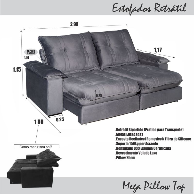 Sofá 5 Lugares 2,90m Ret e Reclinável Zyan Bom Pastor Marrom Imagem 3