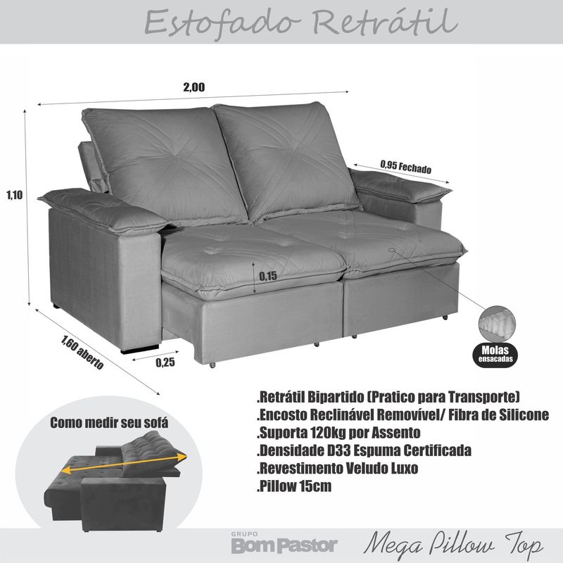 Sofá 3 Lugares 2,00m Ret e Rec Venus Bom Pastor Bege Imagem 3