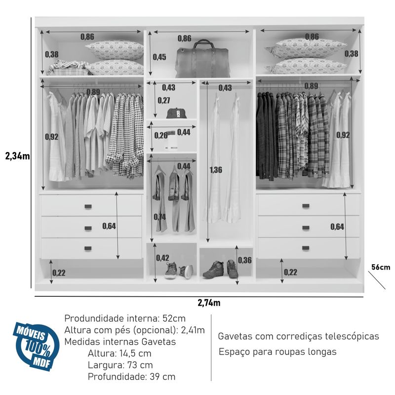 Guarda Roupa Casal Luca 6 Portas 6 Gavetas Bom Pastor Branco Imagem 3