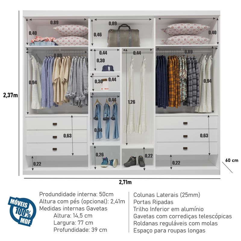 Guarda Roupa Casal Active 3 Portas 6 Gavetas Bom Pastor Naturale Imagem 3