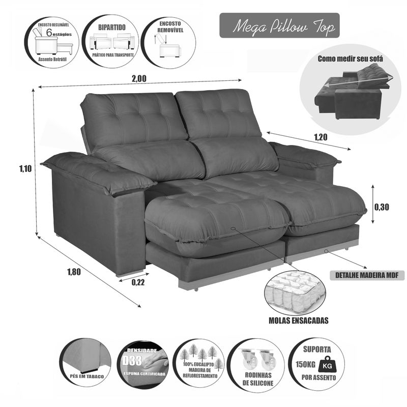 Sofá 2 Lugares 2,00m Retrátil e Reclinável Milano Bom Pastor Veludo Luxo Marrom Imagem 9