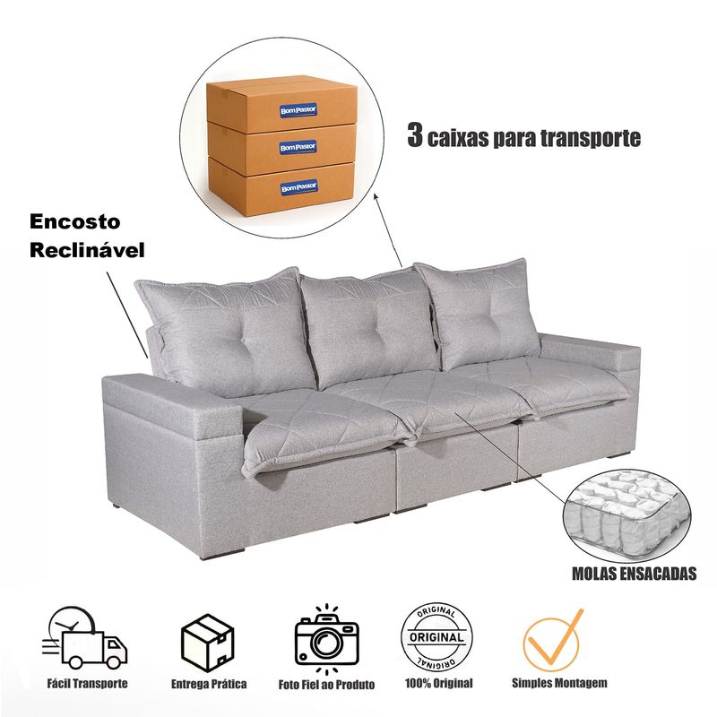Sofá 3 Lugares 2,62m 3 Lugares Tera Living Bom Pastor Linho Cinza Imagem 9
