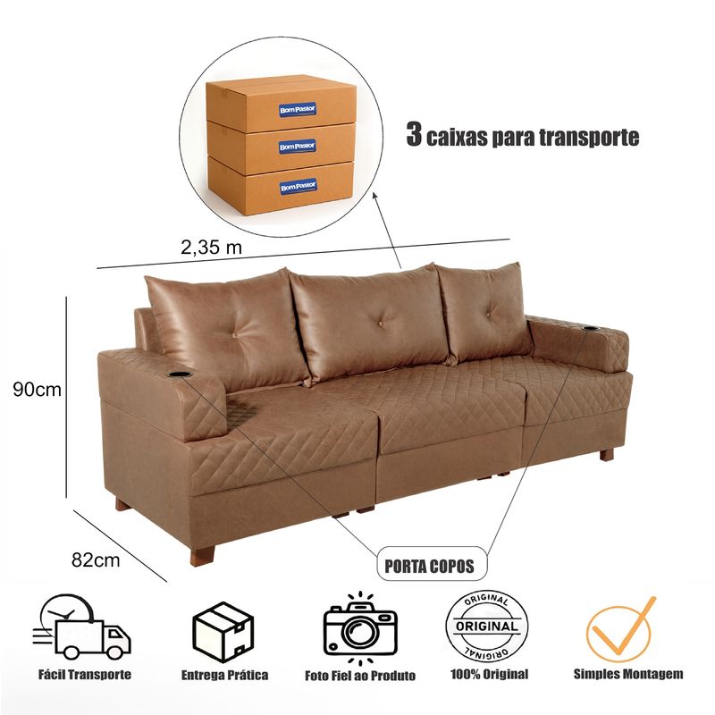Sofá 3 Lugares Essenza Living  Bom Pastor Caramelo Imagem 2