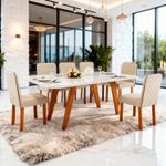 Sala de Jantar 180x90 Mavie MDF/Vidro 6 Cadeiras Bom Pastor COM VIDRO-OFF WH/TEC-3011/3031 TP-BD-OFF/BS-NATURALE Imagem 2