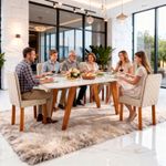 Sala de Jantar 180x90 Mavie MDF/Vidro 6 Cadeiras Bom Pastor COM VIDRO-OFF WH/TEC-3011/3031 TP-BD-OFF/BS-NATURALE Imagem 1