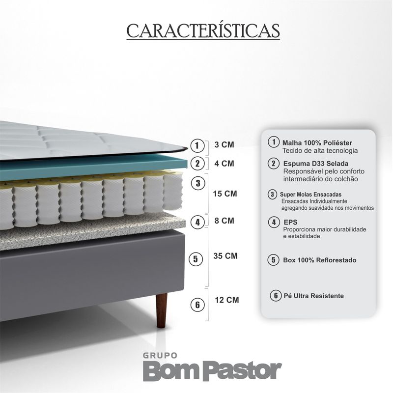 Colchão King Molas Ensacadas Rivoli + Base 193x203x72 Bom Pastor 193X203X55 M BCO(514-1/2029(VG-1449 Imagem 5