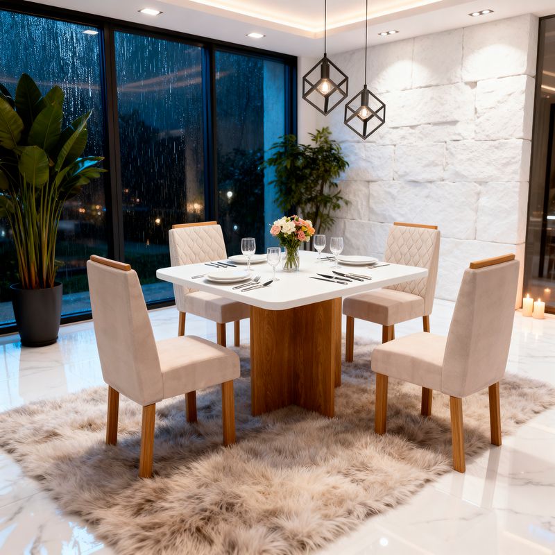 Sala de Jantar 90x90 Agile 4 Viena Cadeiras Veludo Bege Bom Pastor Imagem 1