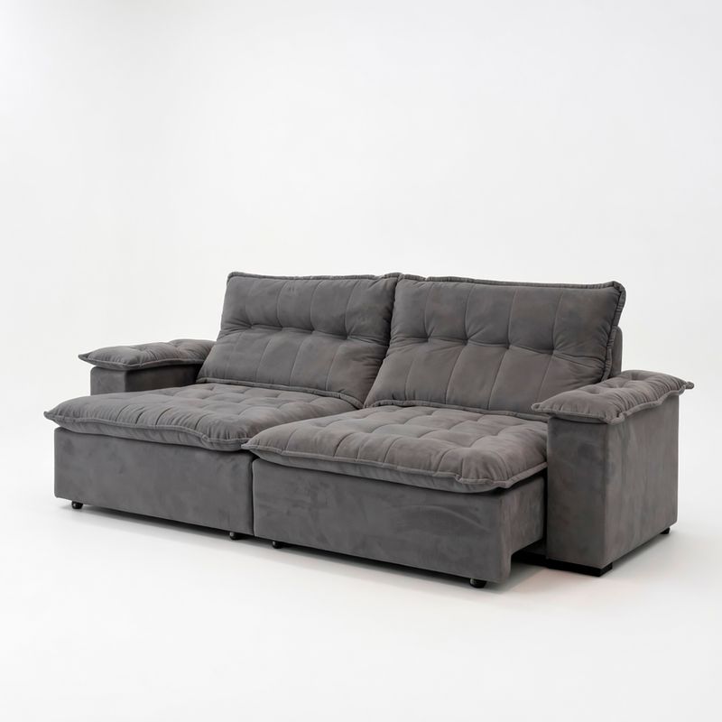 Sofá 3 Lugares 2,30mm Retrátil e Reclinável Eco BP Chumbo Veludo Luxo Imagem 2